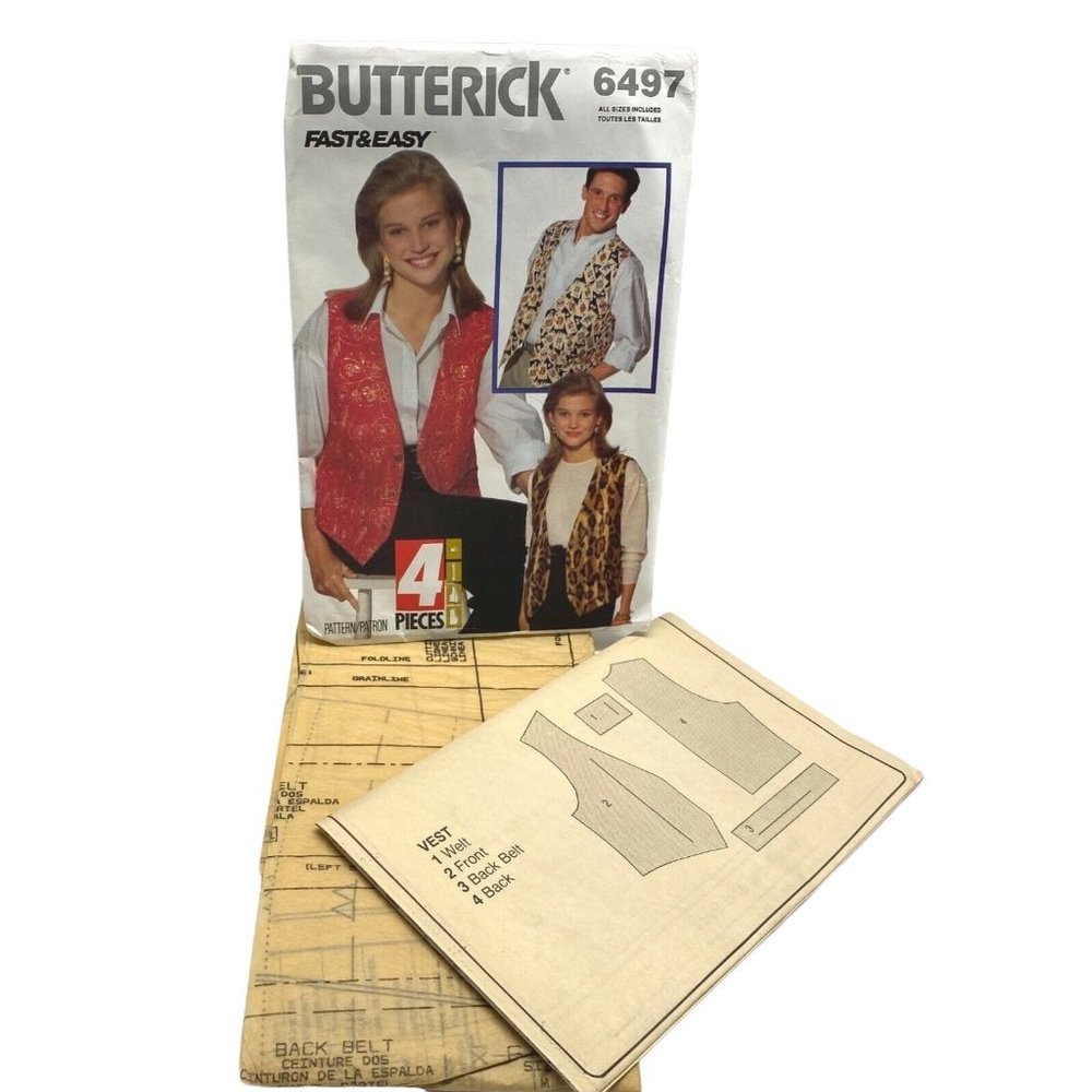 Vintage Butterick Vest Sewing Pattern 6497 Uncut Fast and Easy Size XS S M L XL